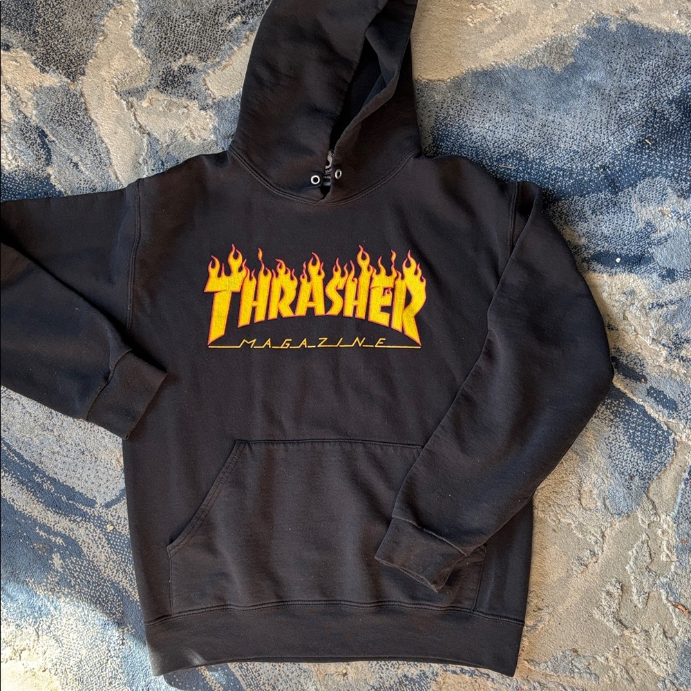 Thrasher Black Hoodie with Yellow Flame Design